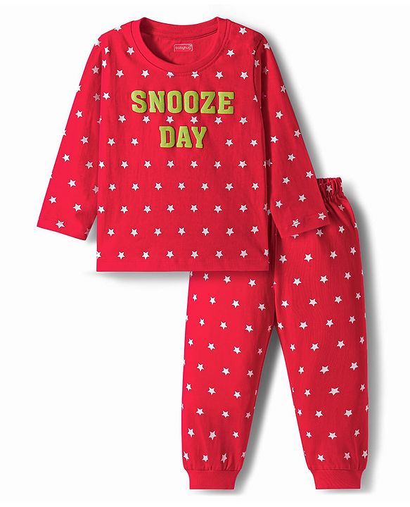 Babyhug Knit Full Sleeves Night Suit With Star Print - Red