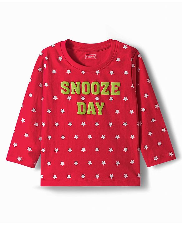 Babyhug Knit Full Sleeves Night Suit With Star Print - Red