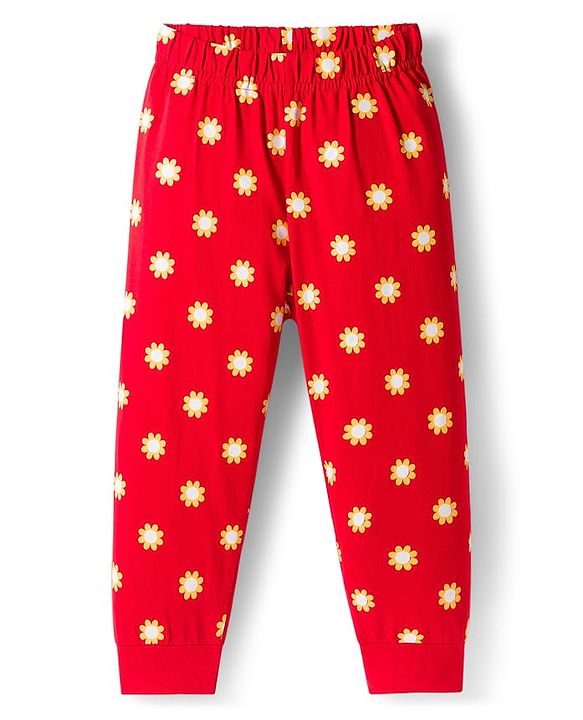 Babyhug Knit Full Sleeves Night Suit With Floral Print - Red