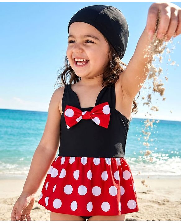 Babyhug Sleeveless Polka Dot Printed V Cut Swimsuit With Bow Applique & Cap - Black