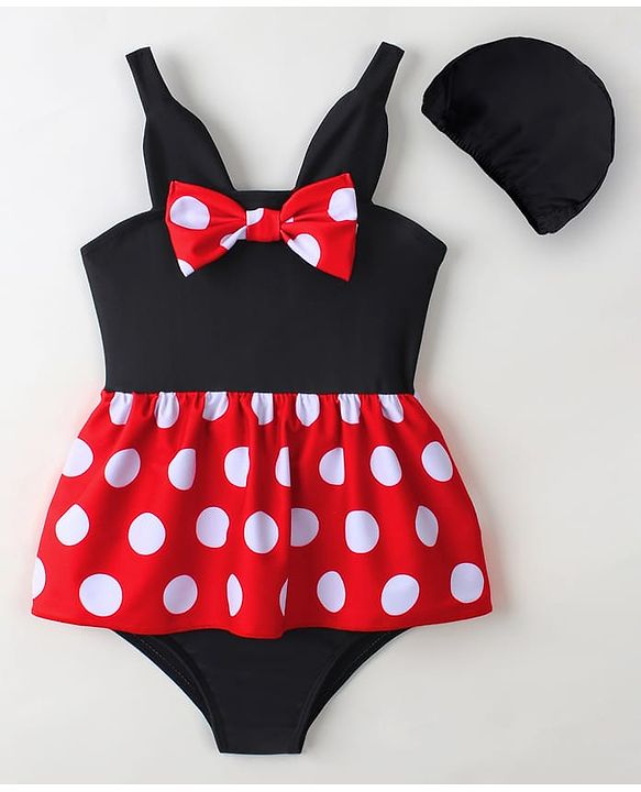Babyhug Sleeveless Polka Dot Printed V Cut Swimsuit With Bow Applique & Cap - Black