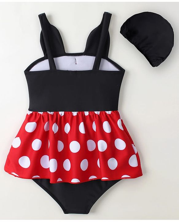 Babyhug Sleeveless Polka Dot Printed V Cut Swimsuit With Bow Applique & Cap - Black