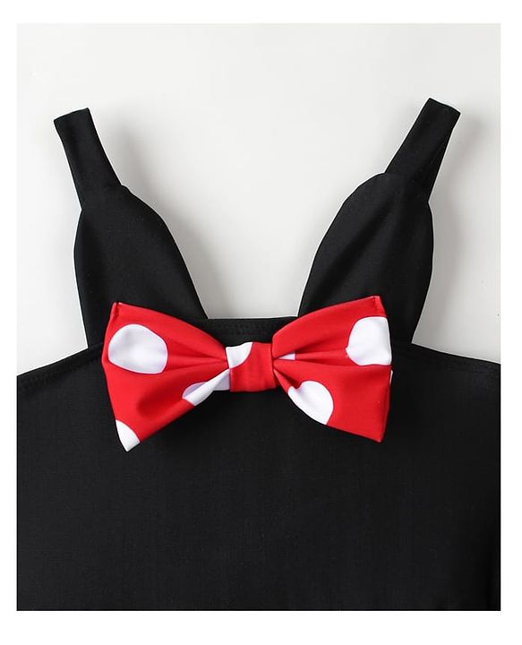 Babyhug Sleeveless Polka Dot Printed V Cut Swimsuit With Bow Applique & Cap - Black