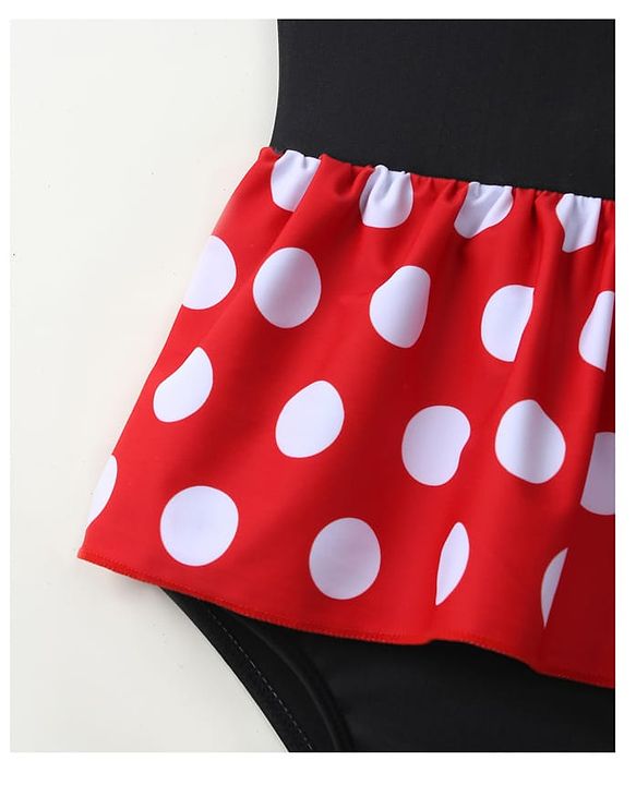 Babyhug Sleeveless Polka Dot Printed V Cut Swimsuit With Bow Applique & Cap - Black