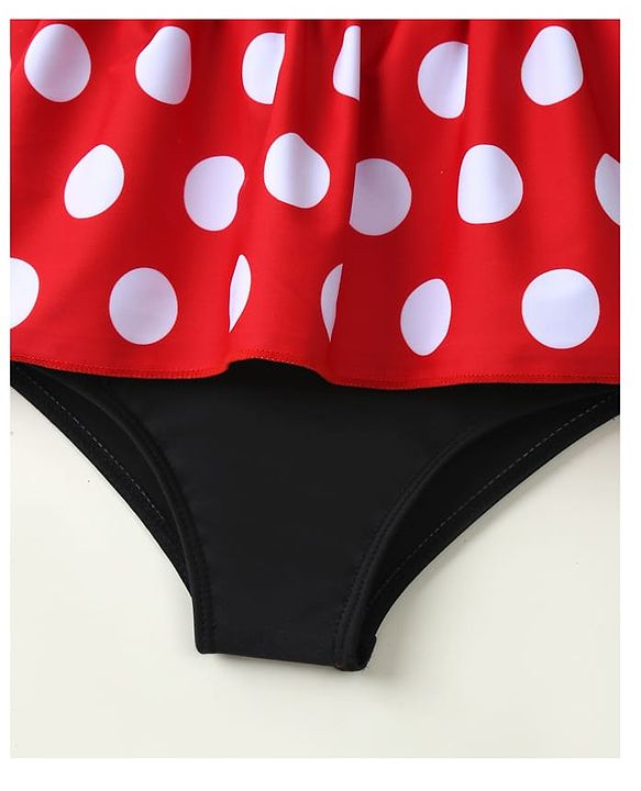 Babyhug Sleeveless Polka Dot Printed V Cut Swimsuit With Bow Applique & Cap - Black