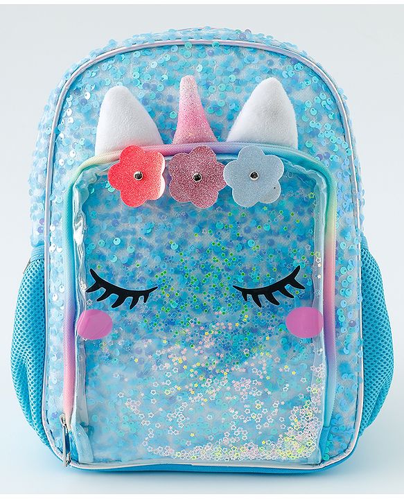 Babyhug Free Size Fashion Backpacks With Unicorn Sequins Design - Light Blue