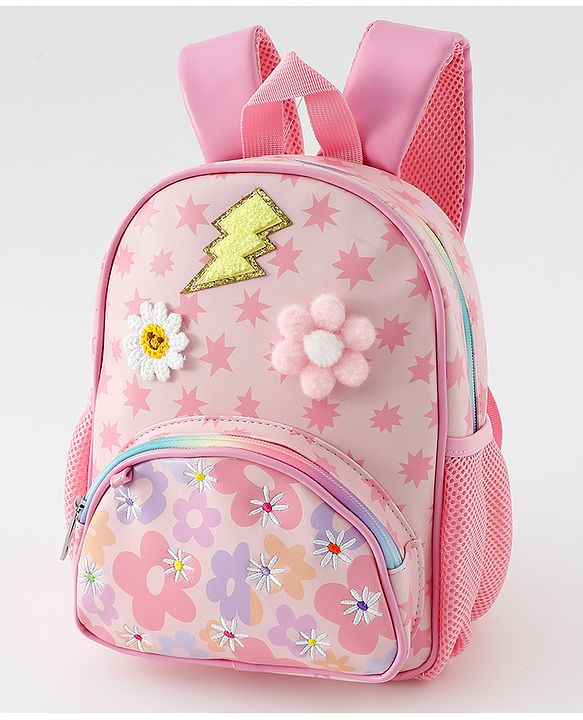 Babyhug Free Size Fashion Backpack with Floral Print &  Applique - Pink