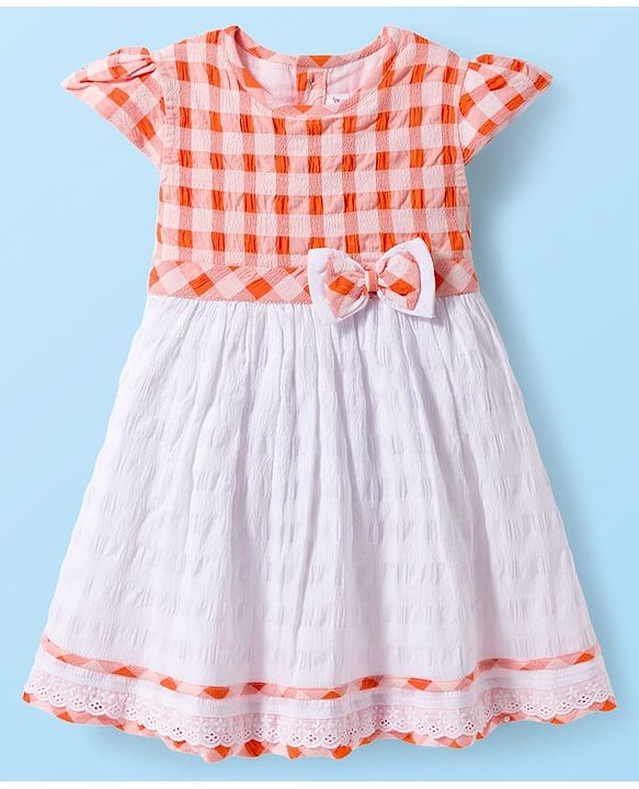 Babyhug Cotton Woven Cap Sleeves Checkered Frock with Bow Applique - Multicolor