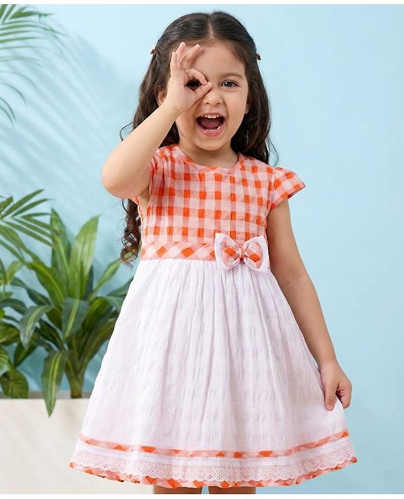 Babyhug Cotton Woven Cap Sleeves Checkered Frock with Bow Applique - Multicolor