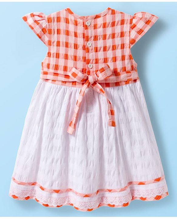 Babyhug Cotton Woven Cap Sleeves Checkered Frock with Bow Applique - Multicolor