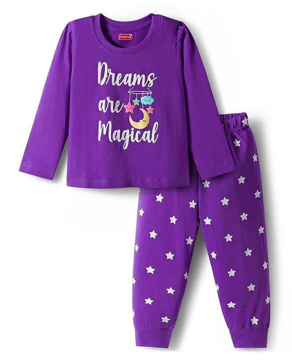 Babyhug Knit Full Sleeves Night Suit With Text Print - Purple
