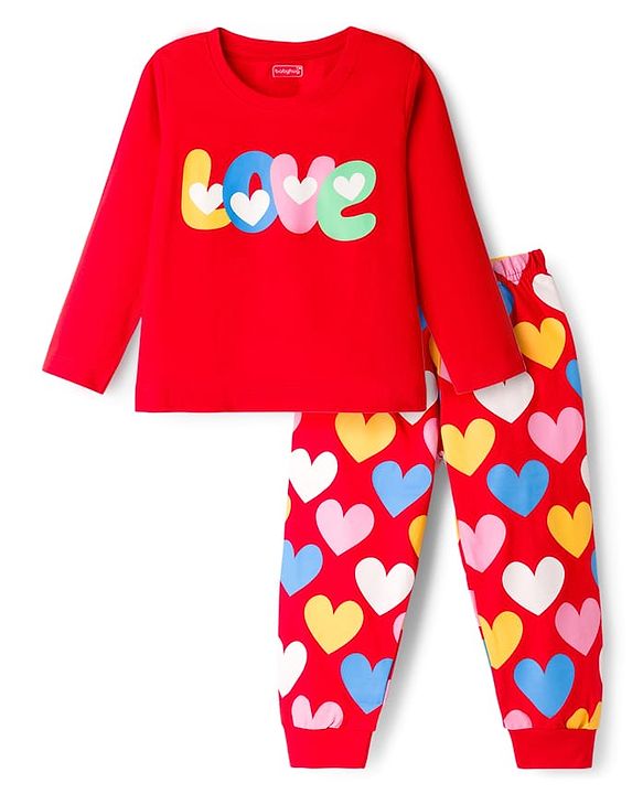 Babyhug Knit Full Sleeves Night Suit With Text Print - Red