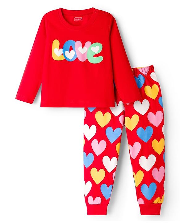 Babyhug Knit Full Sleeves Night Suit With Text Print - Red