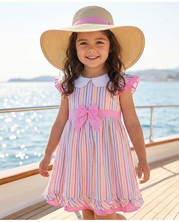 Babyhug Cotton Woven Cap Sleeves Striped Frock with Bow Applique - White