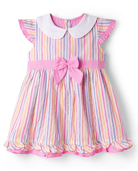 Babyhug Cotton Woven Cap Sleeves Striped Frock with Bow Applique - White