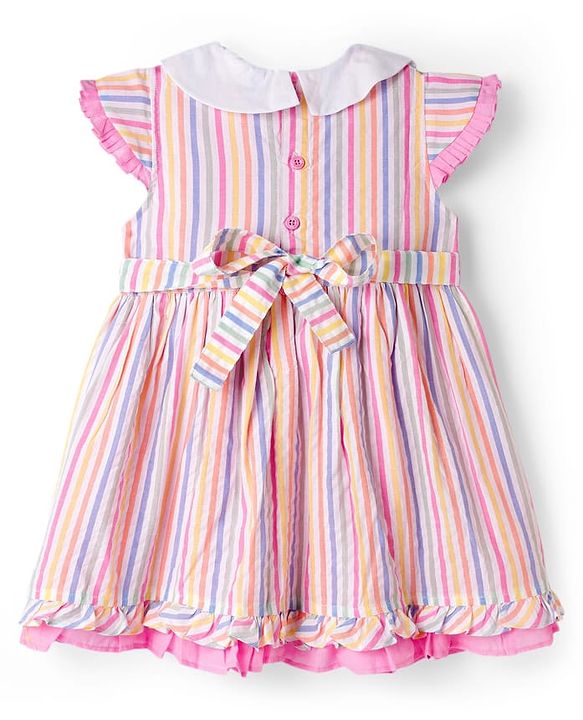 Babyhug Cotton Woven Cap Sleeves Striped Frock with Bow Applique - White