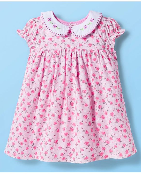Babyhug Cotton Woven Cap Sleeves Frock With Floral Print & Embroidery & Bloomer - White