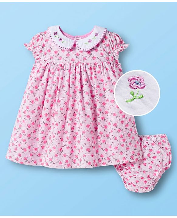 Babyhug Cotton Woven Cap Sleeves Frock With Floral Print & Embroidery & Bloomer - White