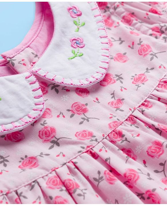 Babyhug Cotton Woven Cap Sleeves Frock With Floral Print & Embroidery & Bloomer - White