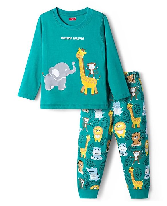 Babyhug Knit Full Sleeves Night Suit With Animal Print - Green