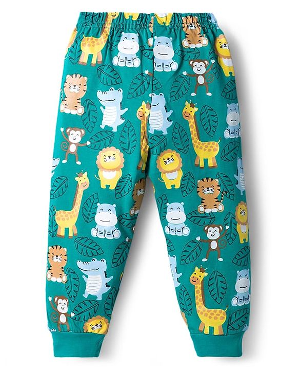 Babyhug Knit Full Sleeves Night Suit With Animal Print - Green