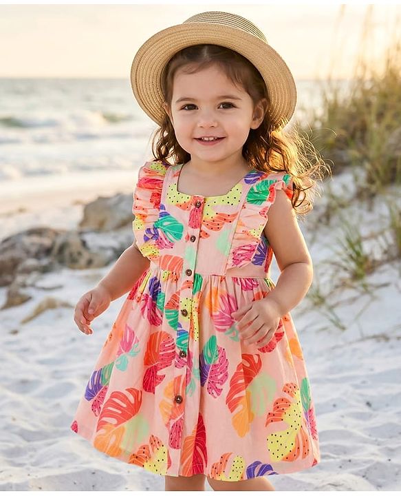 Babyhug Cotton Woven Frill Sleeves Leaves Printed Frock - Multicolor