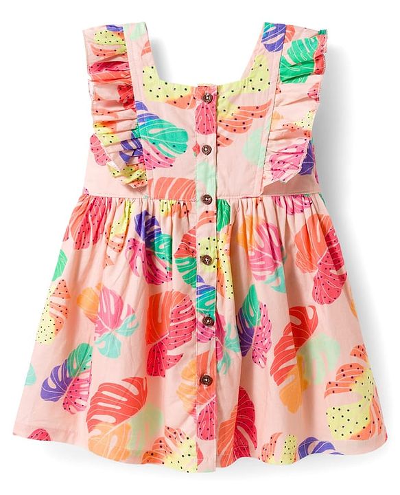 Babyhug Cotton Woven Frill Sleeves Leaves Printed Frock - Multicolor