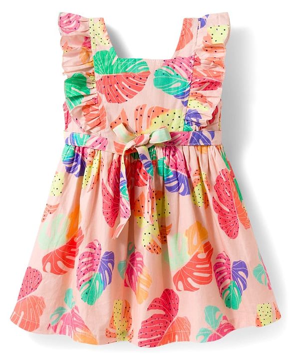 Babyhug Cotton Woven Frill Sleeves Leaves Printed Frock - Multicolor