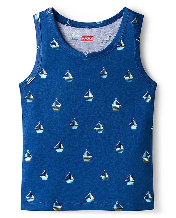 Babyhug 100% Cotton Single Jersey Knit Sando With Nautical Theme Print Pack Of 3 - Navy Blue Yellow & Light Blue