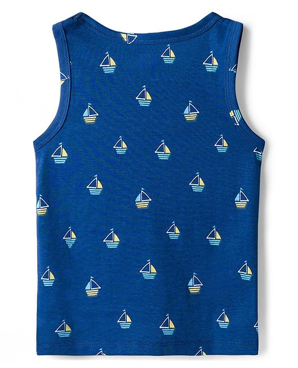 Babyhug 100% Cotton Single Jersey Knit Sando With Nautical Theme Print Pack Of 3 - Navy Blue Yellow & Light Blue