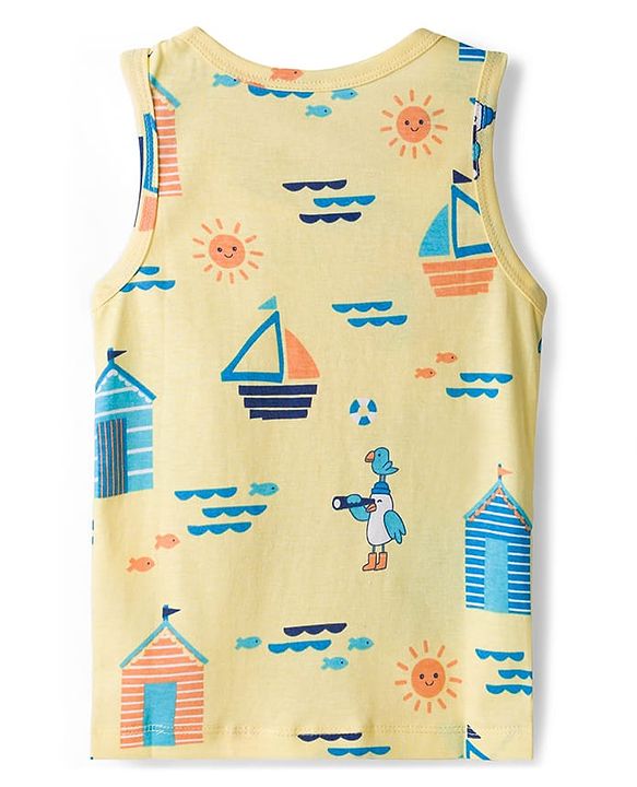 Babyhug 100% Cotton Single Jersey Knit Sando With Nautical Theme Print Pack Of 3 - Navy Blue Yellow & Light Blue