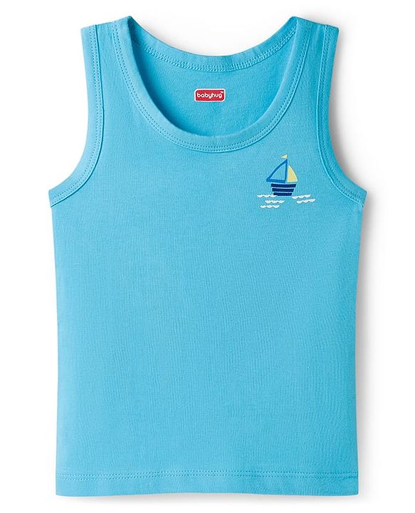 Babyhug 100% Cotton Single Jersey Knit Sando With Nautical Theme Print Pack Of 3 - Navy Blue Yellow & Light Blue