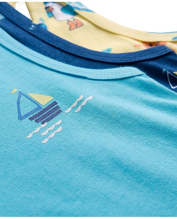 Babyhug 100% Cotton Single Jersey Knit Sando With Nautical Theme Print Pack Of 3 - Navy Blue Yellow & Light Blue