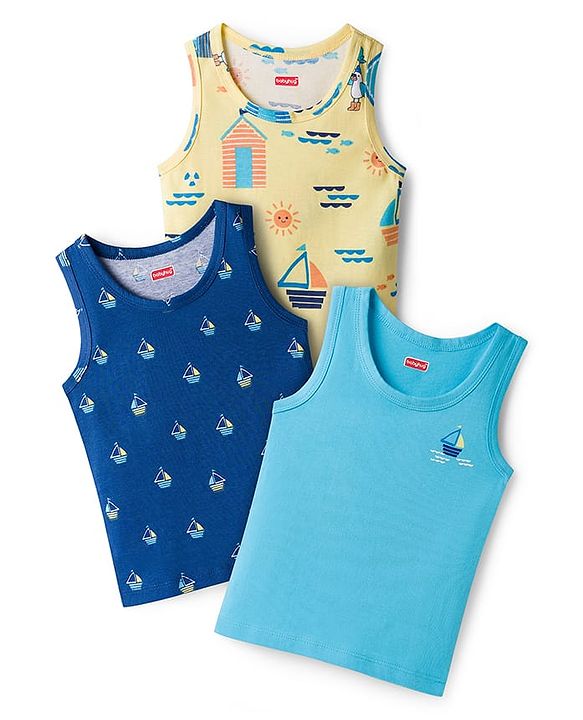 Babyhug 100% Cotton Single Jersey Knit Sando With Nautical Theme Print Pack Of 3 - Navy Blue Yellow & Light Blue