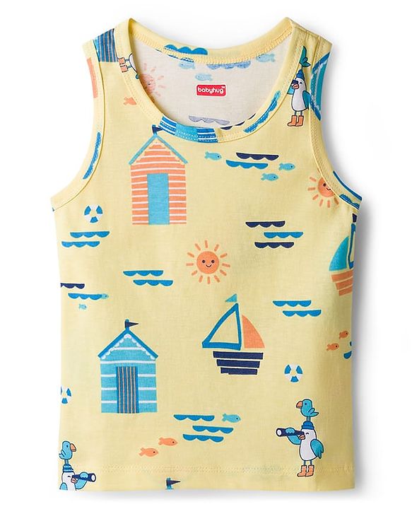 Babyhug 100% Cotton Single Jersey Knit Sando With Nautical Theme Print Pack Of 3 - Navy Blue Yellow & Light Blue