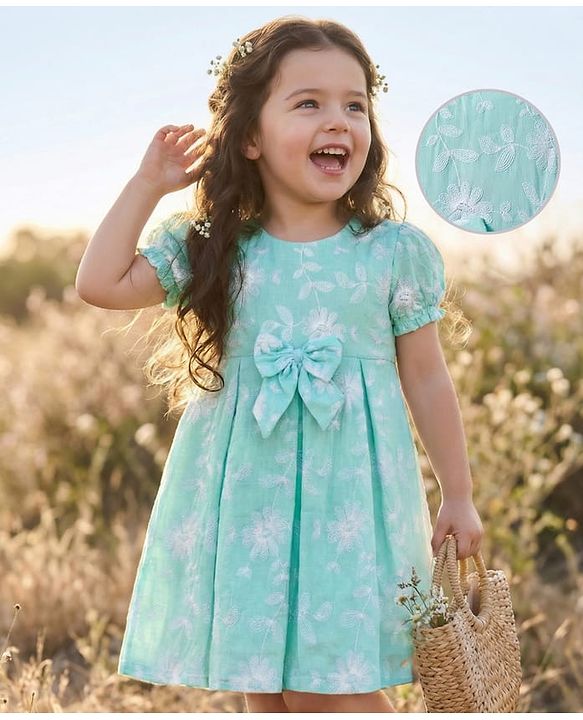 Babyhug Cotton Woven Half Puffed Sleeves Frock with Floral Embroidery & Bow Applique - Aqua Blue