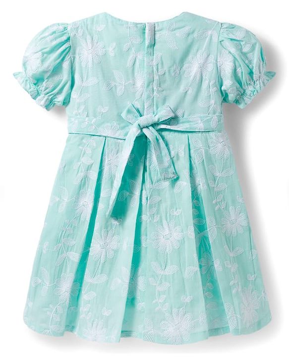 Babyhug Cotton Woven Half Puffed Sleeves Frock with Floral Embroidery & Bow Applique - Aqua Blue