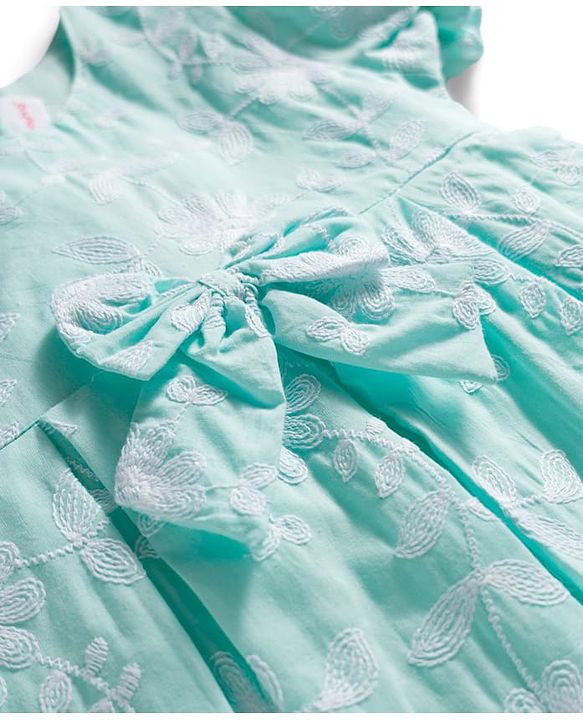 Babyhug Cotton Woven Half Puffed Sleeves Frock with Floral Embroidery & Bow Applique - Aqua Blue