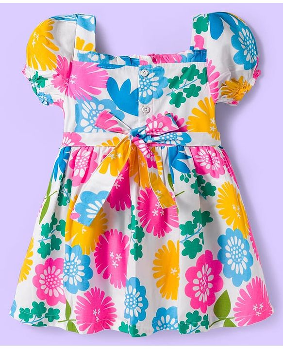 Babyhug Cotton Woven Half Sleeves Frock With Floral Print & Bow Applique - White