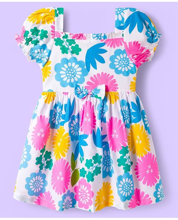 Babyhug Cotton Woven Half Sleeves Frock With Floral Print & Bow Applique - White