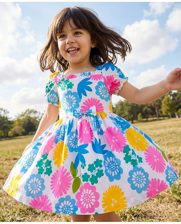 Babyhug Cotton Woven Half Sleeves Frock With Floral Print & Bow Applique - White