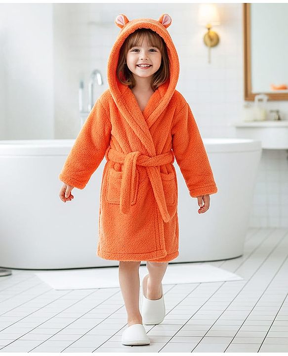 Babyhug Velour Knit Full Sleeves Hooded Bathrobe With Ear Applique - Orange