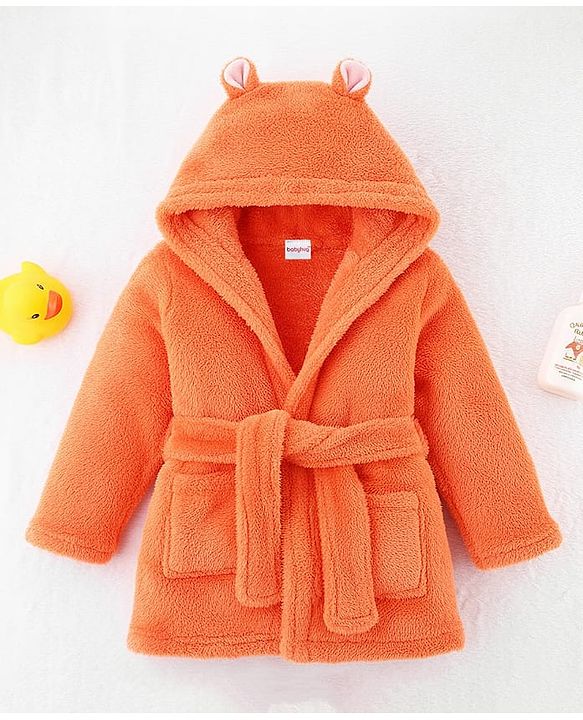Babyhug Velour Knit Full Sleeves Hooded Bathrobe With Ear Applique - Orange