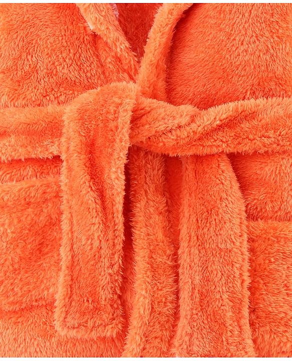 Babyhug Velour Knit Full Sleeves Hooded Bathrobe With Ear Applique - Orange