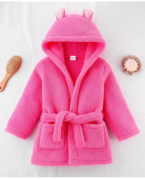 Babyhug Velour Knit Full Sleeves Hooded Bathrobe With Ear Applique - Orange