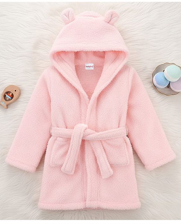 Babyhug Velour Knit Full Sleeves Hooded Bathrobe With Ear Applique - Orange