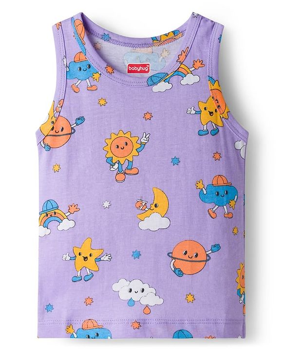 Babyhug Single Jersey Knit Sleeveless Sando With Text Print Pack Of 3 - Purple White & Light Blue