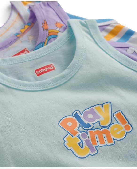 Babyhug Single Jersey Knit Sleeveless Sando With Text Print Pack Of 3 - Purple White & Light Blue