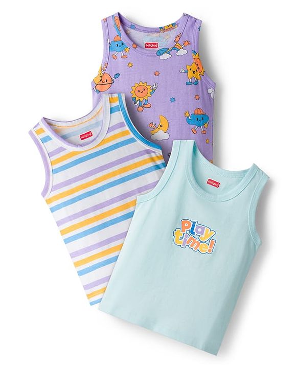 Babyhug Single Jersey Knit Sleeveless Sando With Text Print Pack Of 3 - Purple White & Light Blue