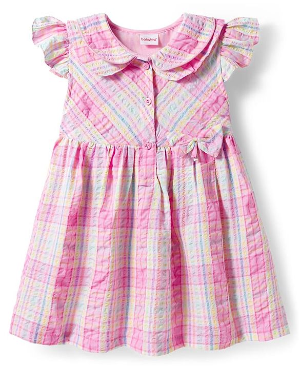 Babyhug Cotton Knit Frill Sleeves Checkered Frock - Multicolor